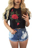 Sexy Black Embroidered Flower Broken Hole Crop Top